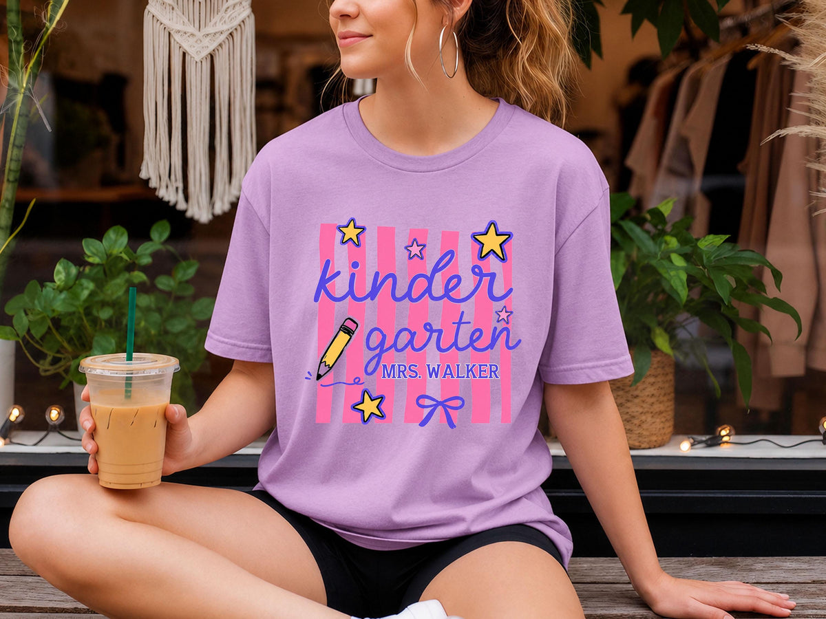 Personalized Kindergarten Teacher Shirt, Custom Teacher Gift, Retro Stripe Kindergarten Team Shirt, Comfort Colors Tshirt, Back to School