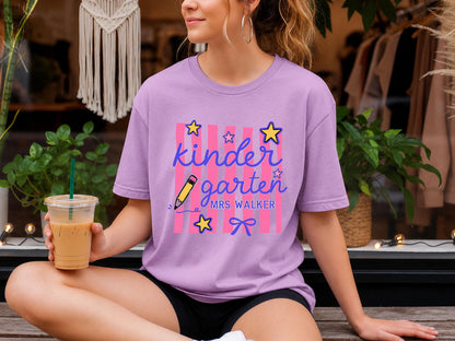 Personalized Kindergarten Teacher Shirt, Custom Teacher Gift, Retro Stripe Kindergarten Team Shirt, Comfort Colors Tshirt, Back to School
