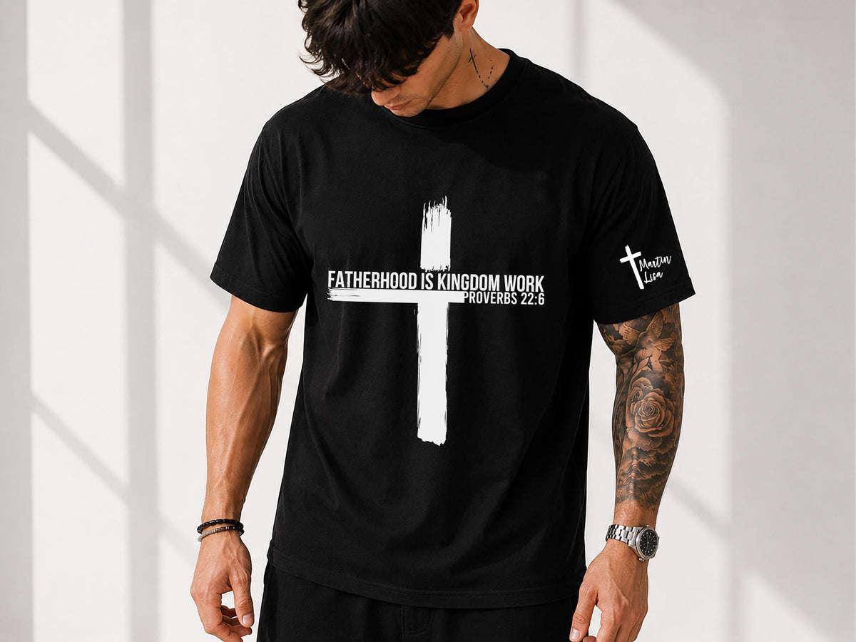 Personalized Christian Dad Shirt, Fatherhood Is Kingdom Work Tee, Bible Verse Cross Shirt, Custom Name Christmas Gift for Dad