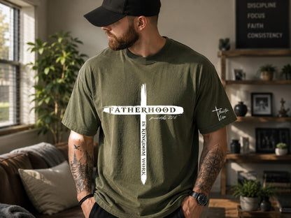 Personalized Christian Dad Shirt, Fatherhood Is Kingdom Work Tee, Bible Verse Cross Shirt, Custom Name Christmas Gift for Dad