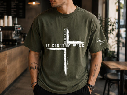 Personalized Christian Dad Shirt, Fatherhood Is Kingdom Work Tee, Bible Verse Cross Shirt, Custom Name Christmas Gift for Dad