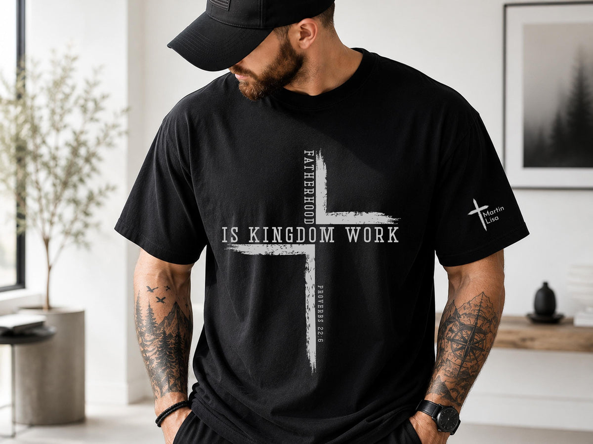 Personalized Christian Dad Shirt, Fatherhood Is Kingdom Work Tee, Bible Verse Cross Shirt, Custom Name Christmas Gift for Dad