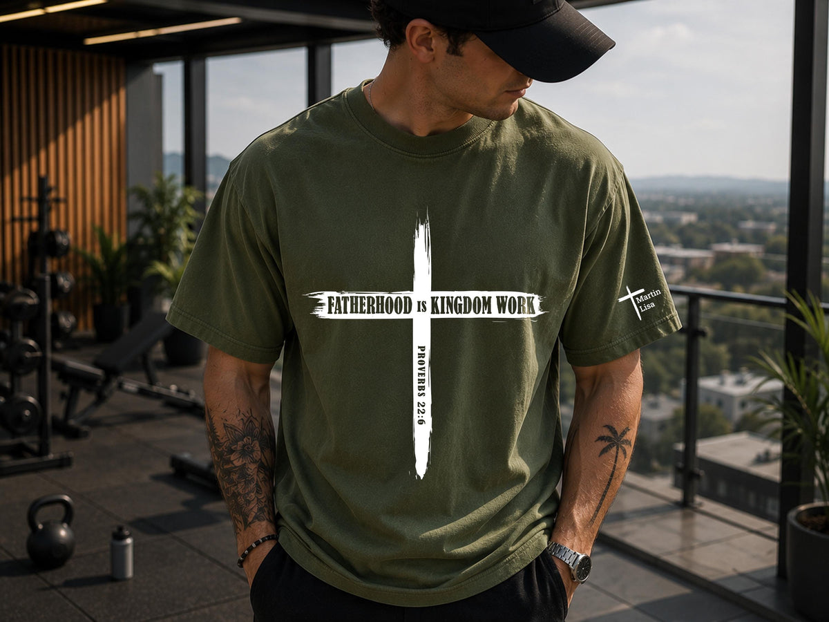 Personalized Christian Dad Shirt, Fatherhood Is Kingdom Work Tee, Bible Verse Cross Shirt, Custom Name Christmas Gift for Dad