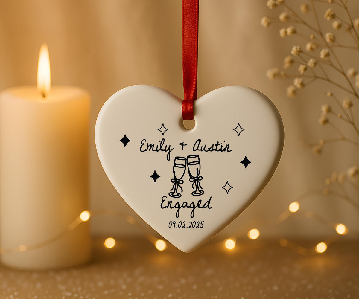 Custom Ceramic Engaged Ornament For Newlyweds, Wedding Gift, Custom Engagement Gift, Gift for Engaged Couples, Cute Christmas Heart Ornament