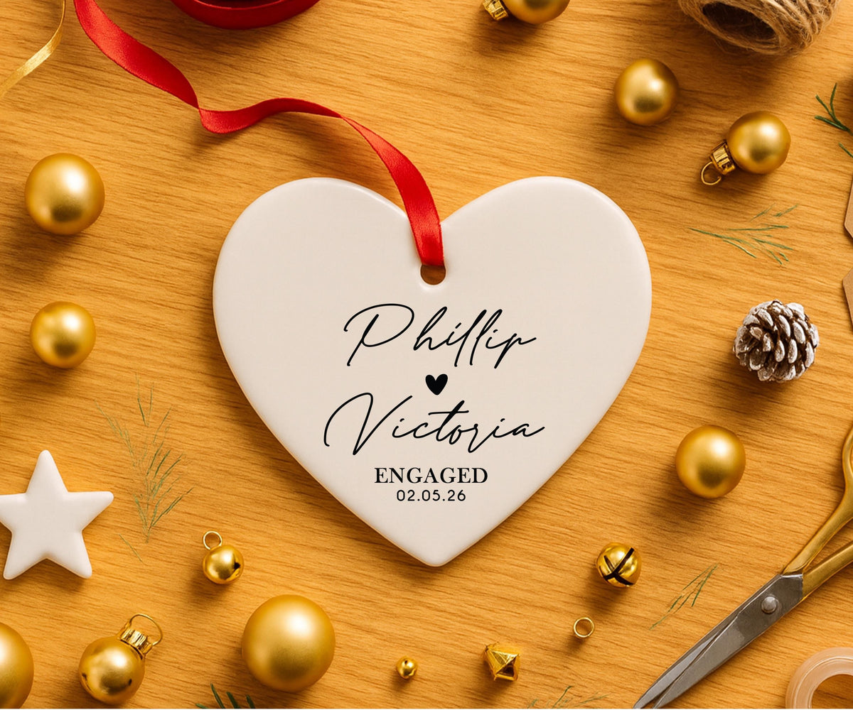 Custom Ceramic Engaged Ornament For Newlyweds, Wedding Gift, Custom Engagement Gift, Gift for Engaged Couples, Cute Christmas Heart Ornament