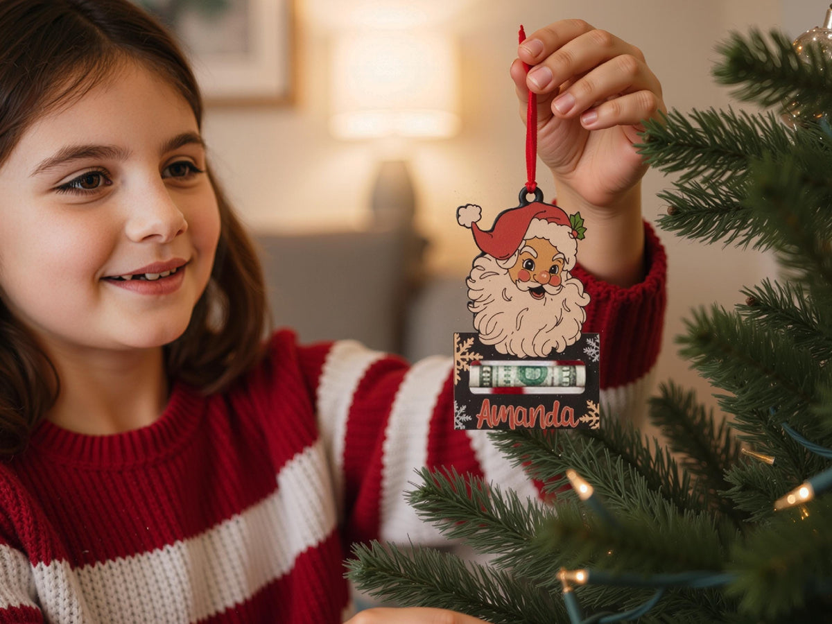 Personalized Christmas Money Holder Ornament, Here's A Few Bucks for Xmas, Custom Wooden Christmas Ornament, Gift for Kids, Stocking Stuffer