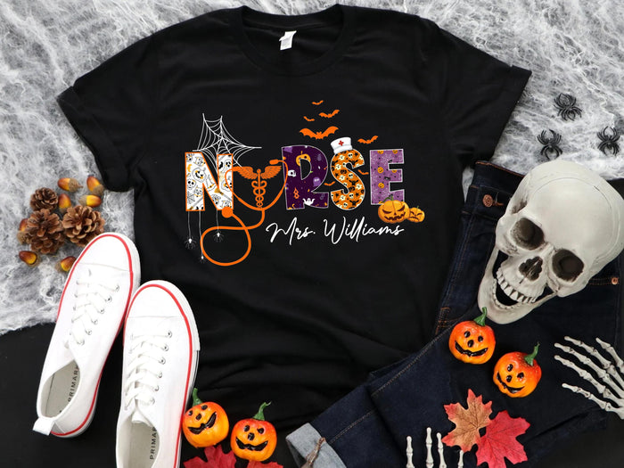 Personalized Halloween Nurse Shirt, Custom Name Nursing Tee, Spooky Season RN Shirt, Fall Nursing Gift, Funny Nurse Practitioner Shirt
