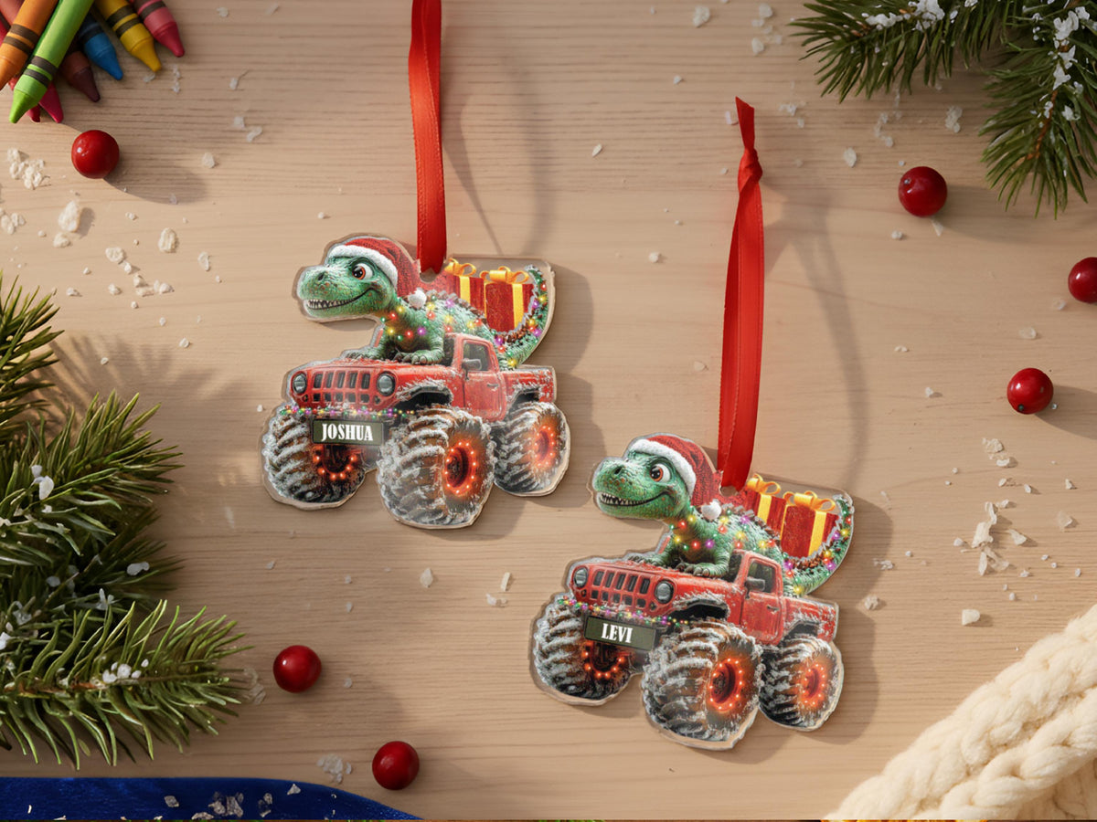Custom Dinosaur Christmas Ornament, Personalized Monster Truck Ornament with Name, Gift for Boys, Kids Christmas Gift, Stocking Stuffer