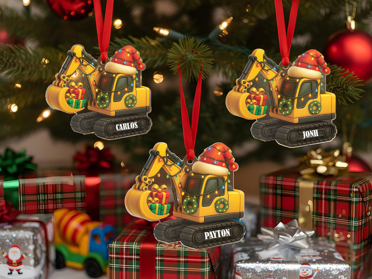 Personalized Excavator Christmas Ornament, Custom Construction Truck Ornament, Construction Vehicle Christmas Gifts for Boys Name Ornament