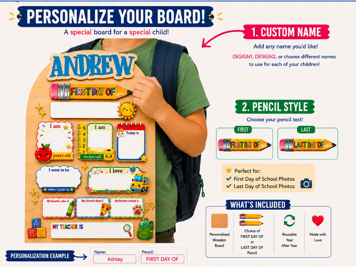 Personalized Back To School Sign, First And Last Day Of School Keepsake For Kids, Reusable Dry Erase Student Sign, Preschool Kindergarten