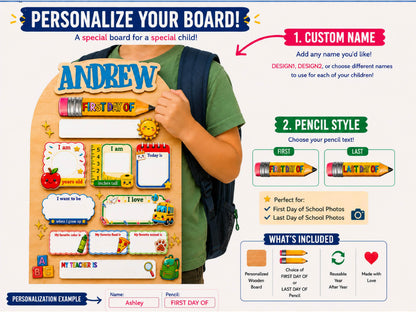 Personalized Back To School Sign, First And Last Day Of School Keepsake For Kids, Reusable Dry Erase Student Sign, Preschool Kindergarten
