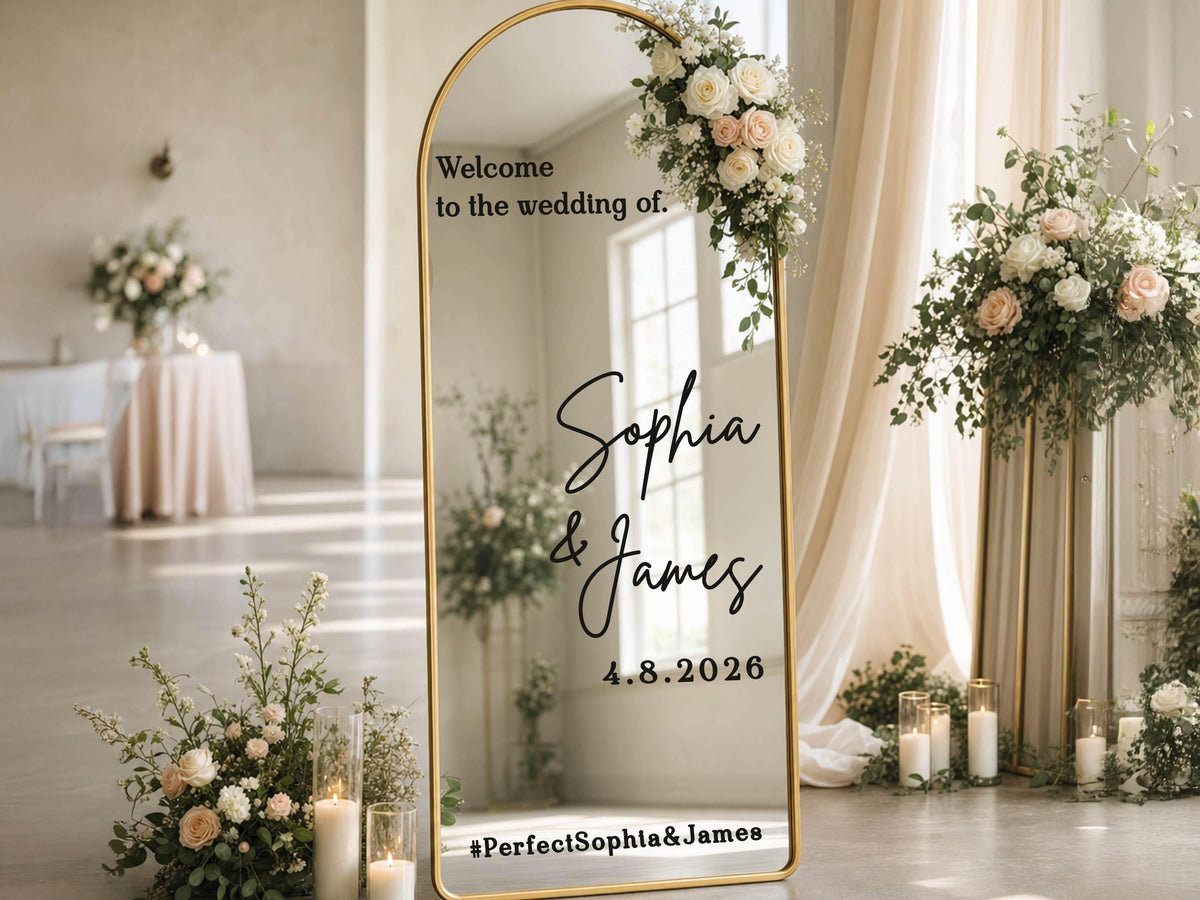 Wedding Mirror Decal, Personalized Wedding Welcome Sign, Custom Wedding Sign Names & Date Vinyl Lettering Minimalist Wedding Reception Décor