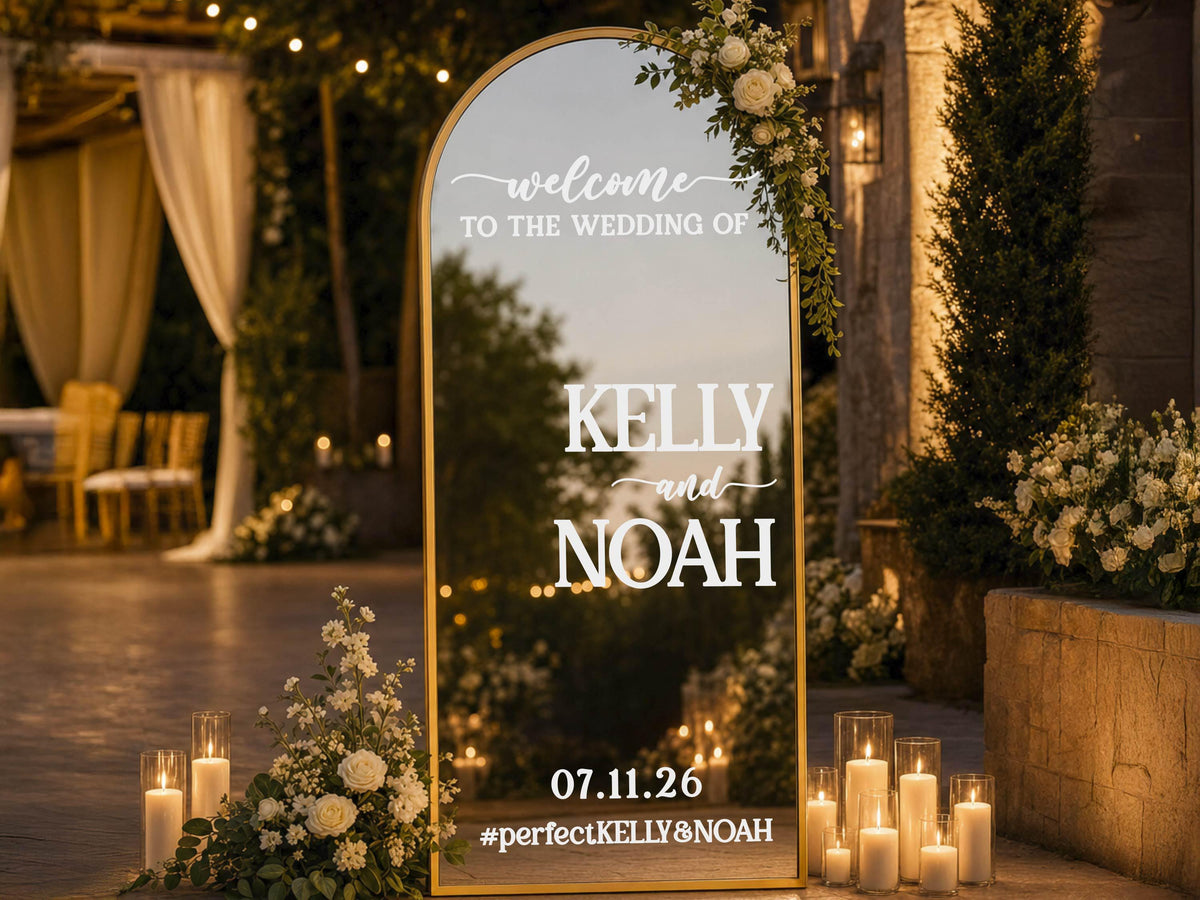 Wedding Mirror Decal, Personalized Wedding Welcome Sign, Custom Wedding Sign Names & Date Vinyl Lettering Minimalist Wedding Reception Décor