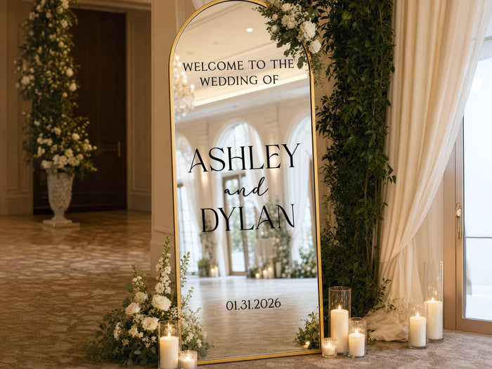 Wedding Mirror Decal, Personalized Wedding Welcome Sign, Custom Wedding Sign Names & Date Vinyl Lettering Minimalist Wedding Reception Décor