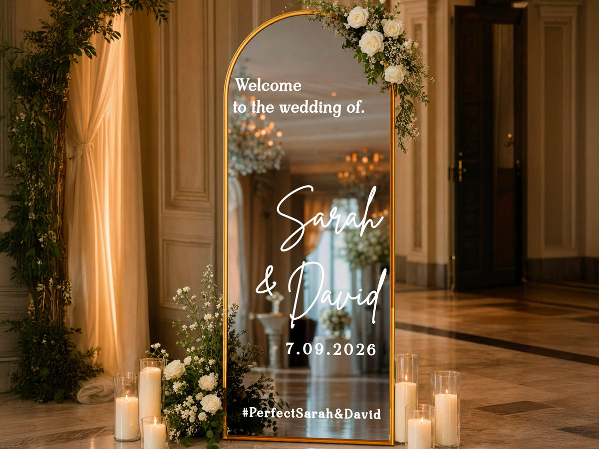 Wedding Mirror Decal, Personalized Wedding Welcome Sign, Custom Wedding Sign Names & Date Vinyl Lettering Minimalist Wedding Reception Décor