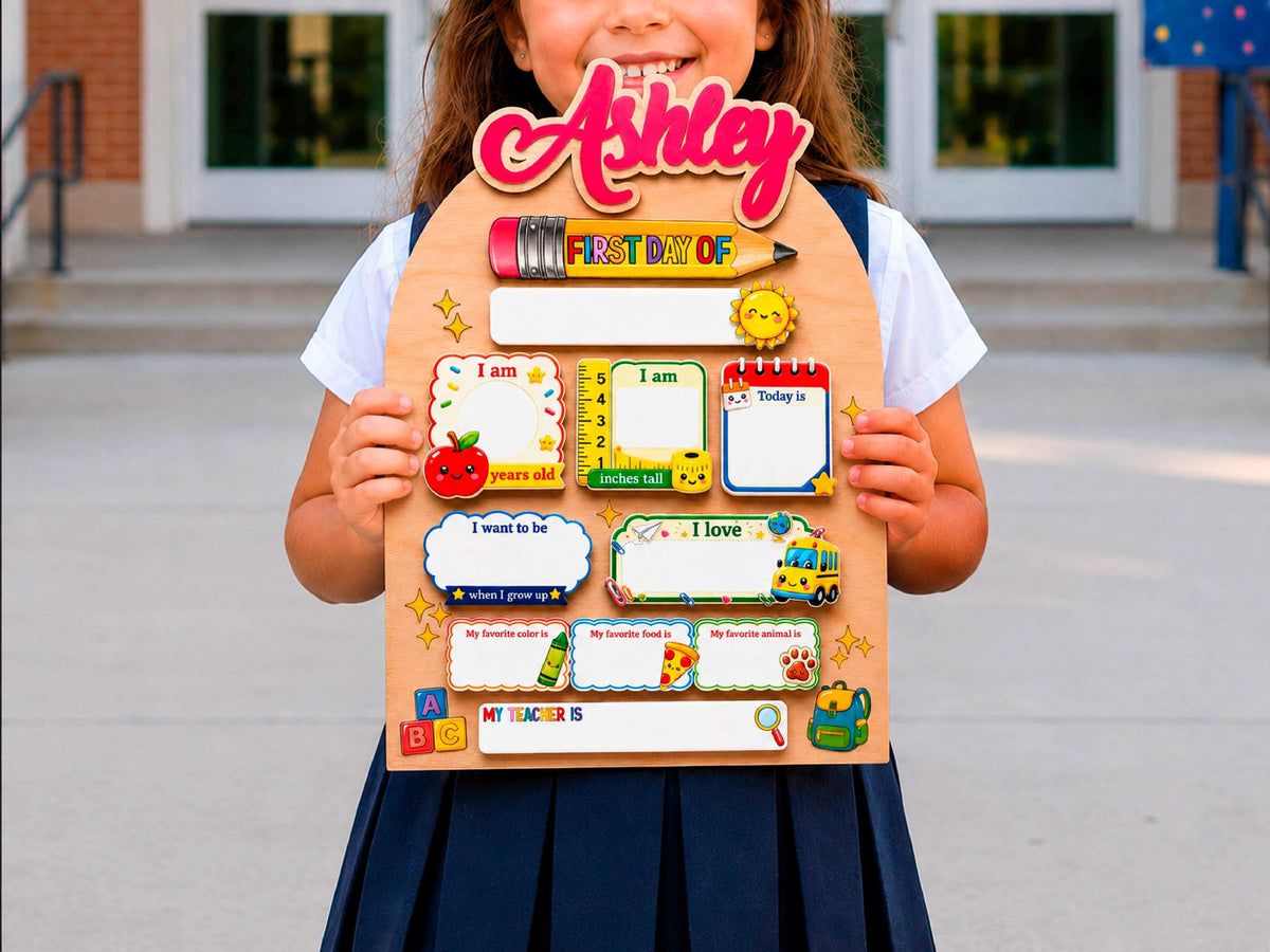 Personalized First Day of School Sign, Reusable Back to School Board, Custom Kids Name School Sign for Kindergarten Preschool Keepsake