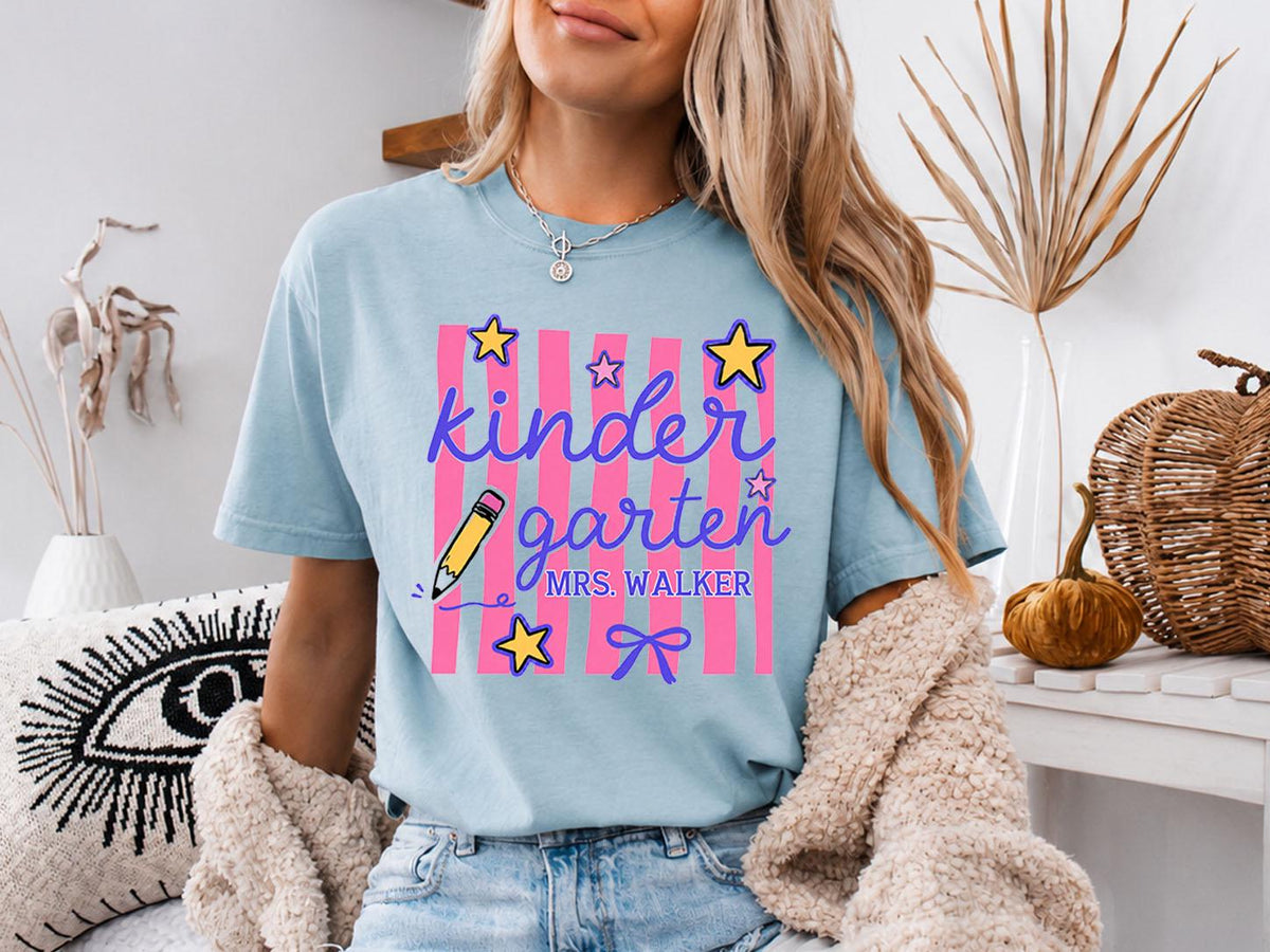 Personalized Kindergarten Teacher Shirt, Custom Teacher Gift, Retro Stripe Kindergarten Team Shirt, Comfort Colors Tshirt, Back to School
