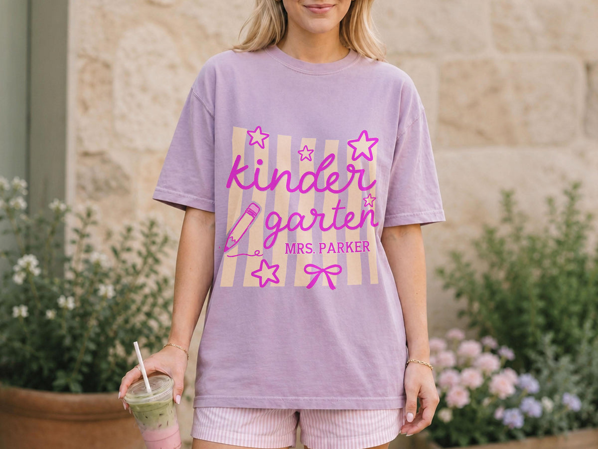 Personalized Kindergarten Teacher Shirt, Custom Teacher Gift, Retro Stripe Kindergarten Team Shirt, Comfort Colors Tshirt, Back to School