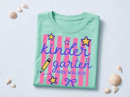 Personalized Kindergarten Teacher Shirt, Custom Teacher Gift, Retro Stripe Kindergarten Team Shirt, Comfort Colors Tshirt, Back to School