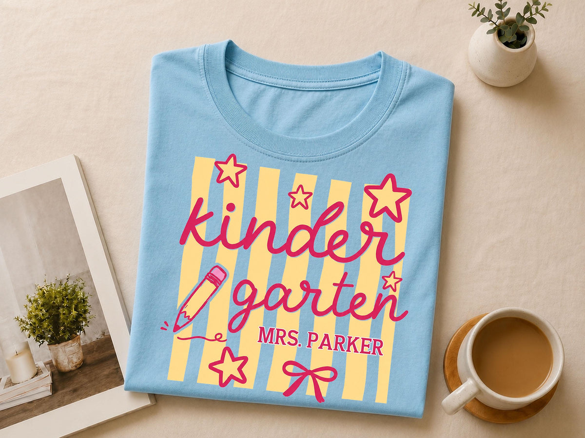Personalized Kindergarten Teacher Shirt, Custom Teacher Gift, Retro Stripe Kindergarten Team Shirt, Comfort Colors Tshirt, Back to School