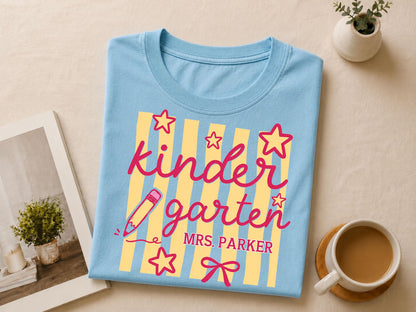 Personalized Kindergarten Teacher Shirt, Custom Teacher Gift, Retro Stripe Kindergarten Team Shirt, Comfort Colors Tshirt, Back to School
