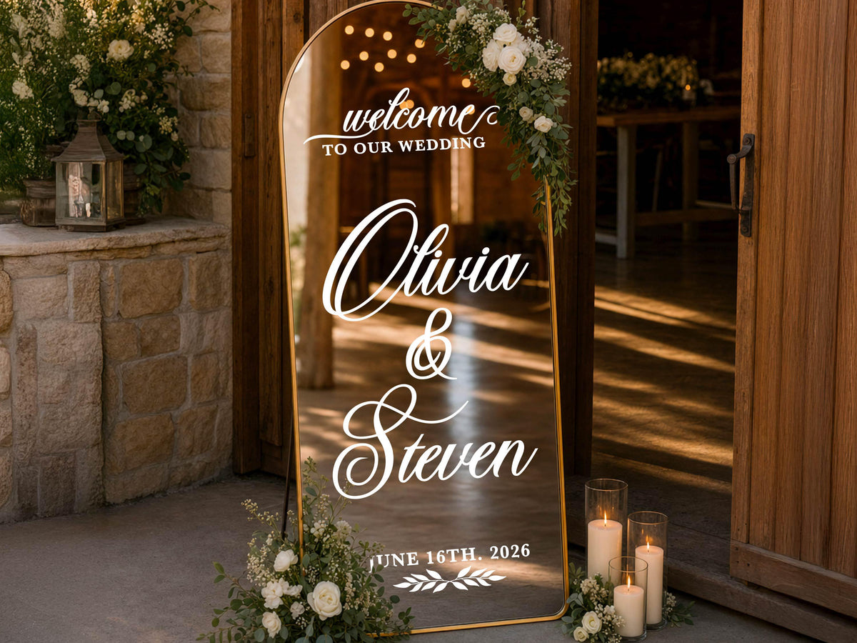 Wedding Mirror Decal, Personalized Wedding Welcome Sign, Custom Wedding Sign Names & Date Vinyl Lettering Minimalist Wedding Reception Décor