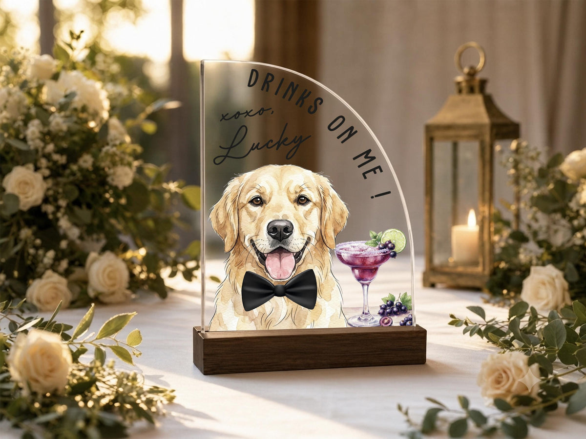 Custom Wedding Signature Drink Sign w/Pet Portrait, Personalized Pet Bar Menu Sign, Cartoon Cat Dog Portrait Drink Menu, Wedding Party Décor