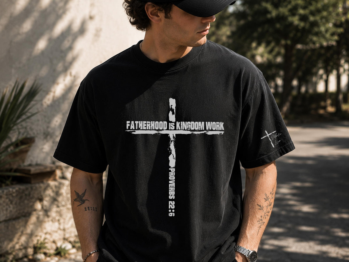 Personalized Christian Dad Shirt, Fatherhood Is Kingdom Work Tee, Bible Verse Cross Shirt, Custom Name Christmas Gift for Dad