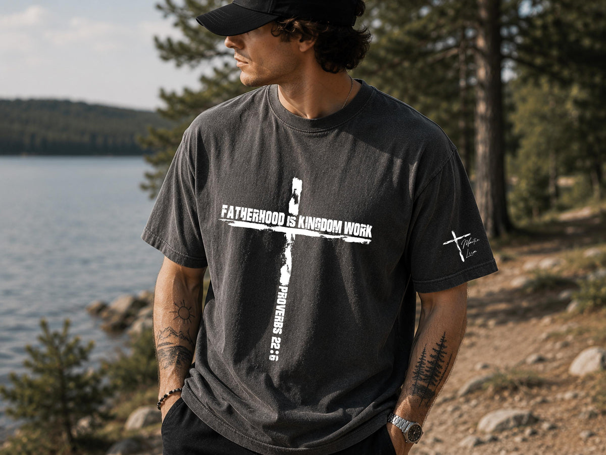 Personalized Christian Dad Shirt, Fatherhood Is Kingdom Work Tee, Bible Verse Cross Shirt, Custom Name Christmas Gift for Dad
