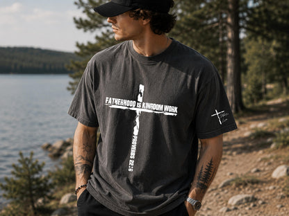 Personalized Christian Dad Shirt, Fatherhood Is Kingdom Work Tee, Bible Verse Cross Shirt, Custom Name Christmas Gift for Dad