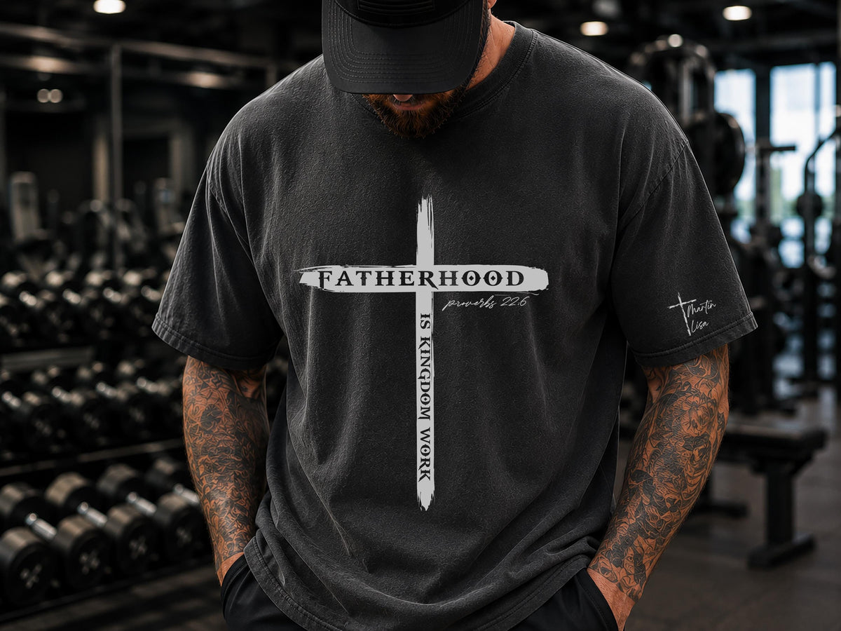 Personalized Christian Dad Shirt, Fatherhood Is Kingdom Work Tee, Bible Verse Cross Shirt, Custom Name Christmas Gift for Dad