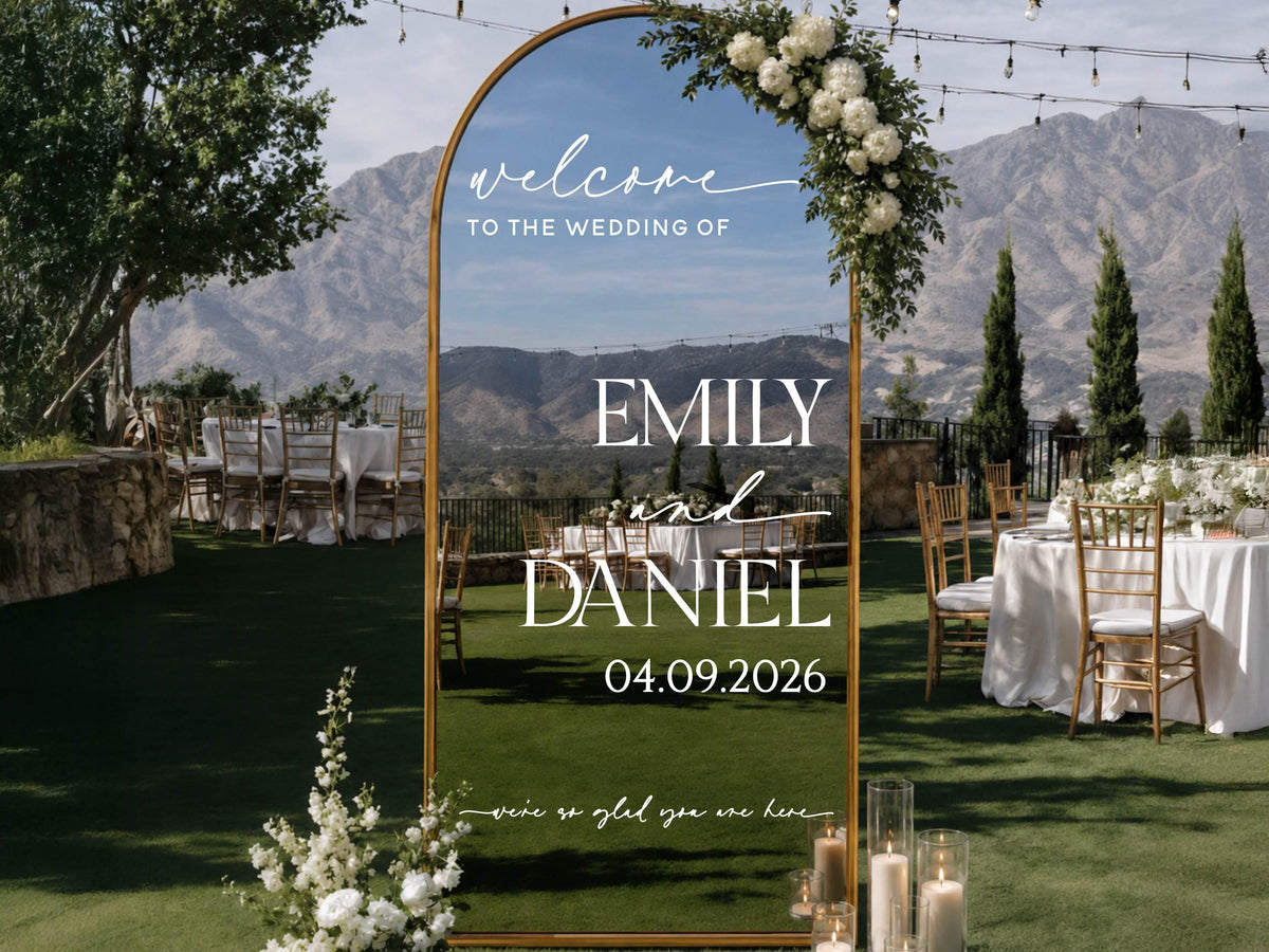 Wedding Mirror Decal, Personalized Wedding Welcome Sign, Custom Wedding Sign Names & Date Vinyl Lettering Minimalist Wedding Reception Décor