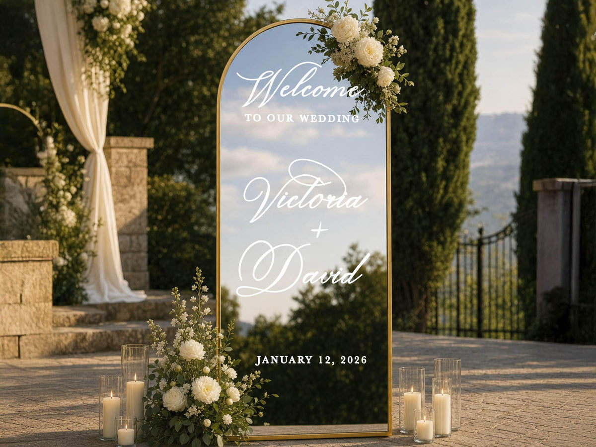 Wedding Mirror Decal, Personalized Wedding Welcome Sign, Custom Wedding Sign Names & Date Vinyl Lettering Minimalist Wedding Reception Décor