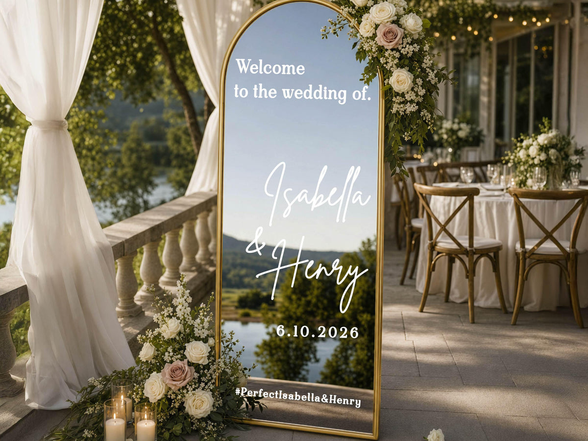 Wedding Mirror Decal, Personalized Wedding Welcome Sign, Custom Wedding Sign Names & Date Vinyl Lettering Minimalist Wedding Reception Décor