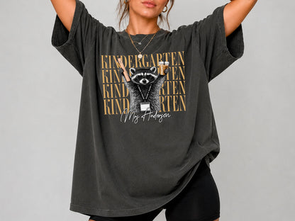 Kindergarten Teacher Shirt, Personalized Raccoon Teacher Shirt, Custom Grade Level Comfort Colors Tee, Funny Back to School Teacher Shirt