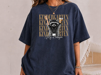 Kindergarten Teacher Shirt, Personalized Raccoon Teacher Shirt, Custom Grade Level Comfort Colors Tee, Funny Back to School Teacher Shirt