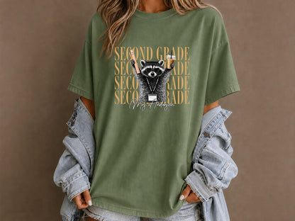 Kindergarten Teacher Shirt, Personalized Raccoon Teacher Shirt, Custom Grade Level Comfort Colors Tee, Funny Back to School Teacher Shirt
