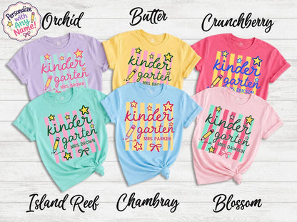 Personalized Kindergarten Teacher Shirt, Custom Teacher Gift, Retro Stripe Kindergarten Team Shirt, Comfort Colors Tshirt, Back to School