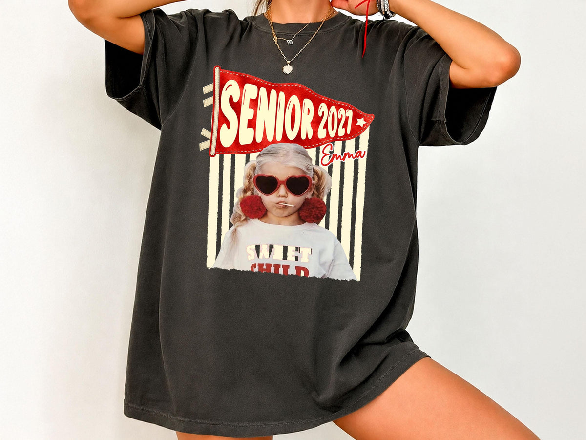 Senior 2027 Shirt with Custom Photo, Custom Name Pennant Flag Tee, Class of 2027 Graduation Gift, Comfort Colors T-Shirt