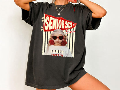 Senior 2027 Shirt with Custom Photo, Custom Name Pennant Flag Tee, Class of 2027 Graduation Gift, Comfort Colors T-Shirt