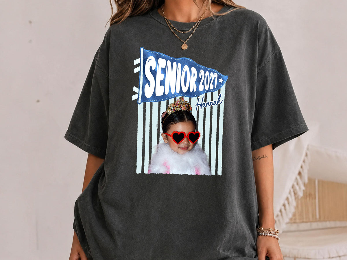 Senior 2027 Shirt with Custom Photo, Custom Name Pennant Flag Tee, Class of 2027 Graduation Gift, Comfort Colors T-Shirt