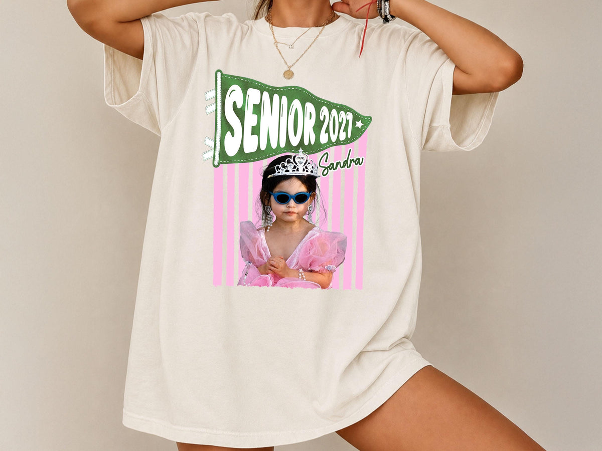 Senior 2027 Shirt with Custom Photo, Custom Name Pennant Flag Tee, Class of 2027 Graduation Gift, Comfort Colors T-Shirt