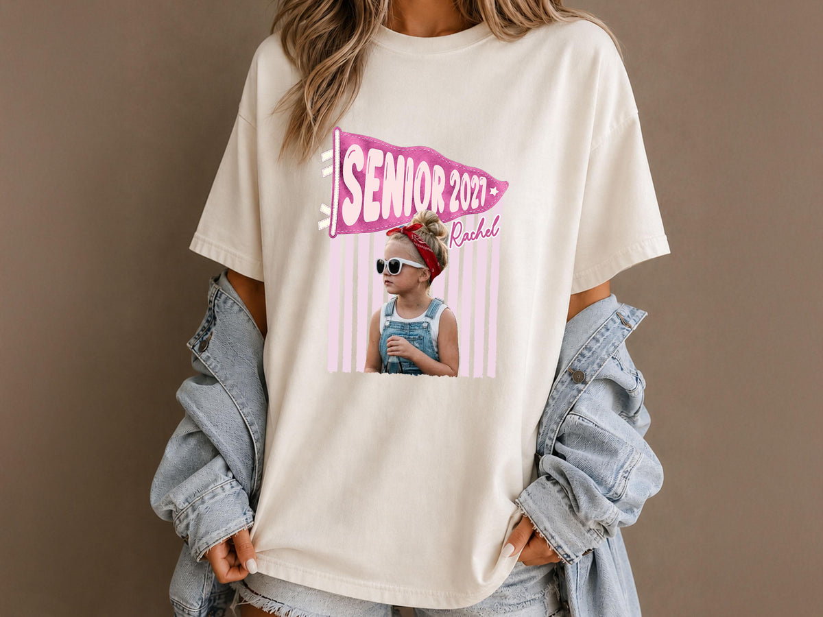 Senior 2027 Shirt with Custom Photo, Custom Name Pennant Flag Tee, Class of 2027 Graduation Gift, Comfort Colors T-Shirt