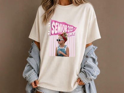 Senior 2027 Shirt with Custom Photo, Custom Name Pennant Flag Tee, Class of 2027 Graduation Gift, Comfort Colors T-Shirt