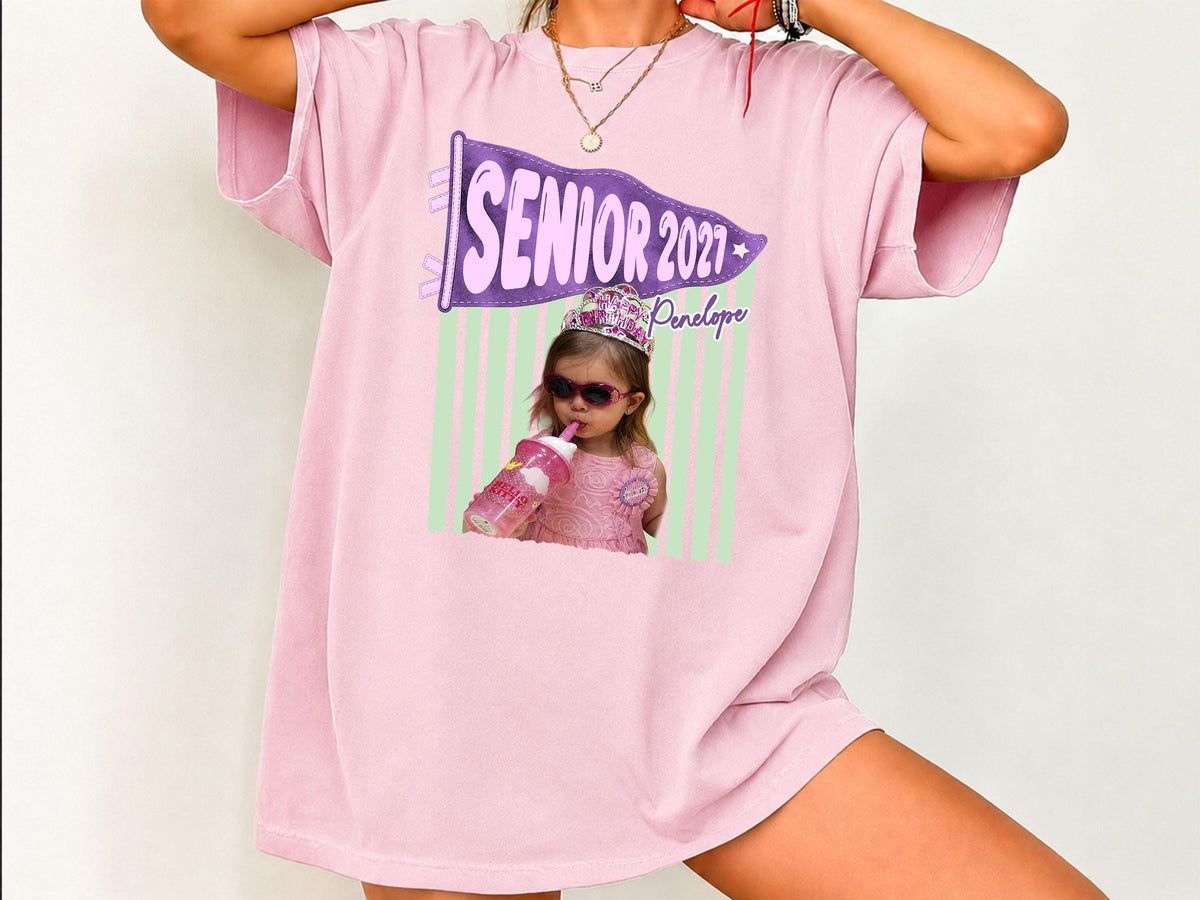 Senior 2027 Shirt with Custom Photo, Custom Name Pennant Flag Tee, Class of 2027 Graduation Gift, Comfort Colors T-Shirt