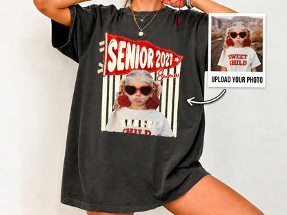 Senior 2027 Shirt with Custom Photo, Custom Name Pennant Flag Tee, Class of 2027 Graduation Gift, Comfort Colors T-Shirt