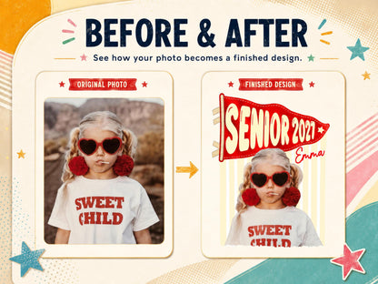 Senior 2027 Shirt with Custom Photo, Custom Name Pennant Flag Tee, Class of 2027 Graduation Gift, Comfort Colors T-Shirt