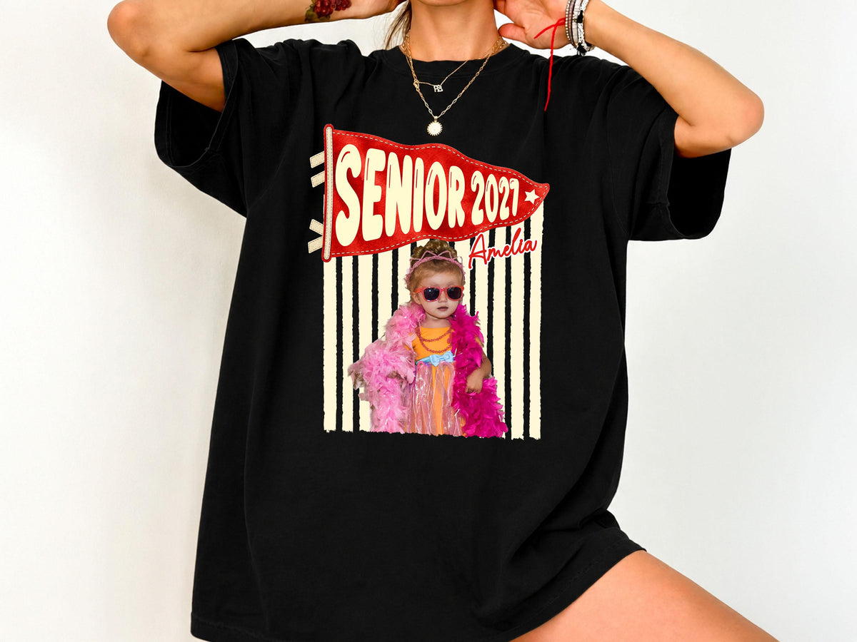 Senior 2027 Shirt with Custom Photo, Custom Name Pennant Flag Tee, Class of 2027 Graduation Gift, Comfort Colors T-Shirt