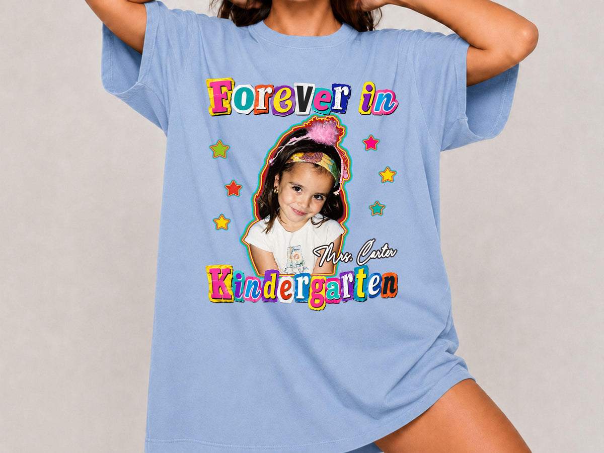 Kindergarten Teacher Shirt with Custom Childhood Photo, Personalized Forever in Kindergarten Tee, Comfort Colors Back to School Shirt