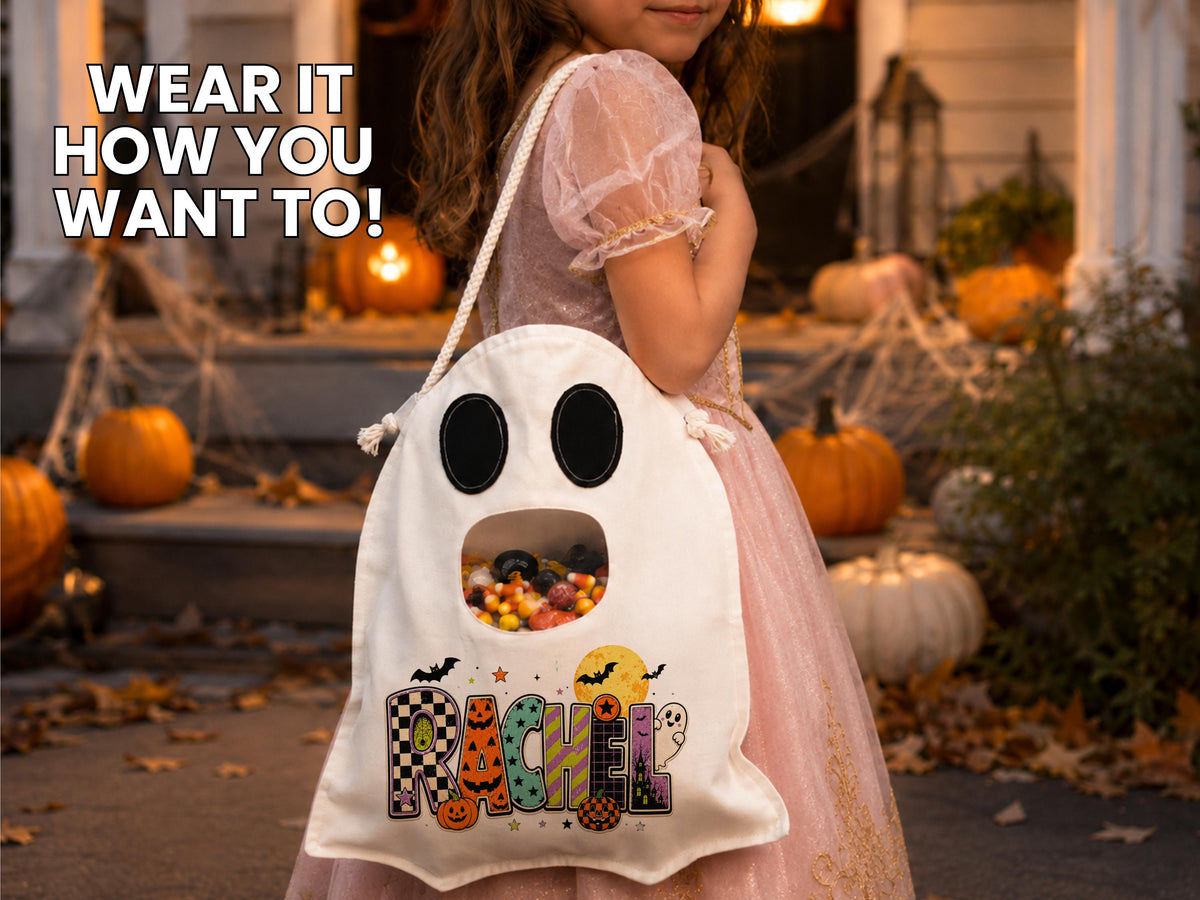 Ghost Halloween Trick or Treat Bag for Kids, Custom Name Spooky Halloween Candy Bag,Personalized Halloween Gift for Kids, Reusable Ghost Bag